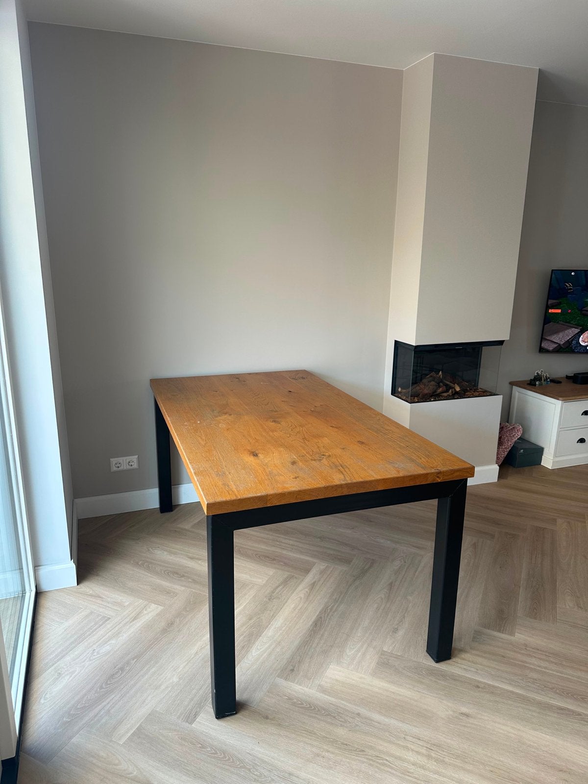Eiken eet tafel met stalen onderstel, Ophalen, Gebruikt, Eikenhout, 50 tot 100 cm