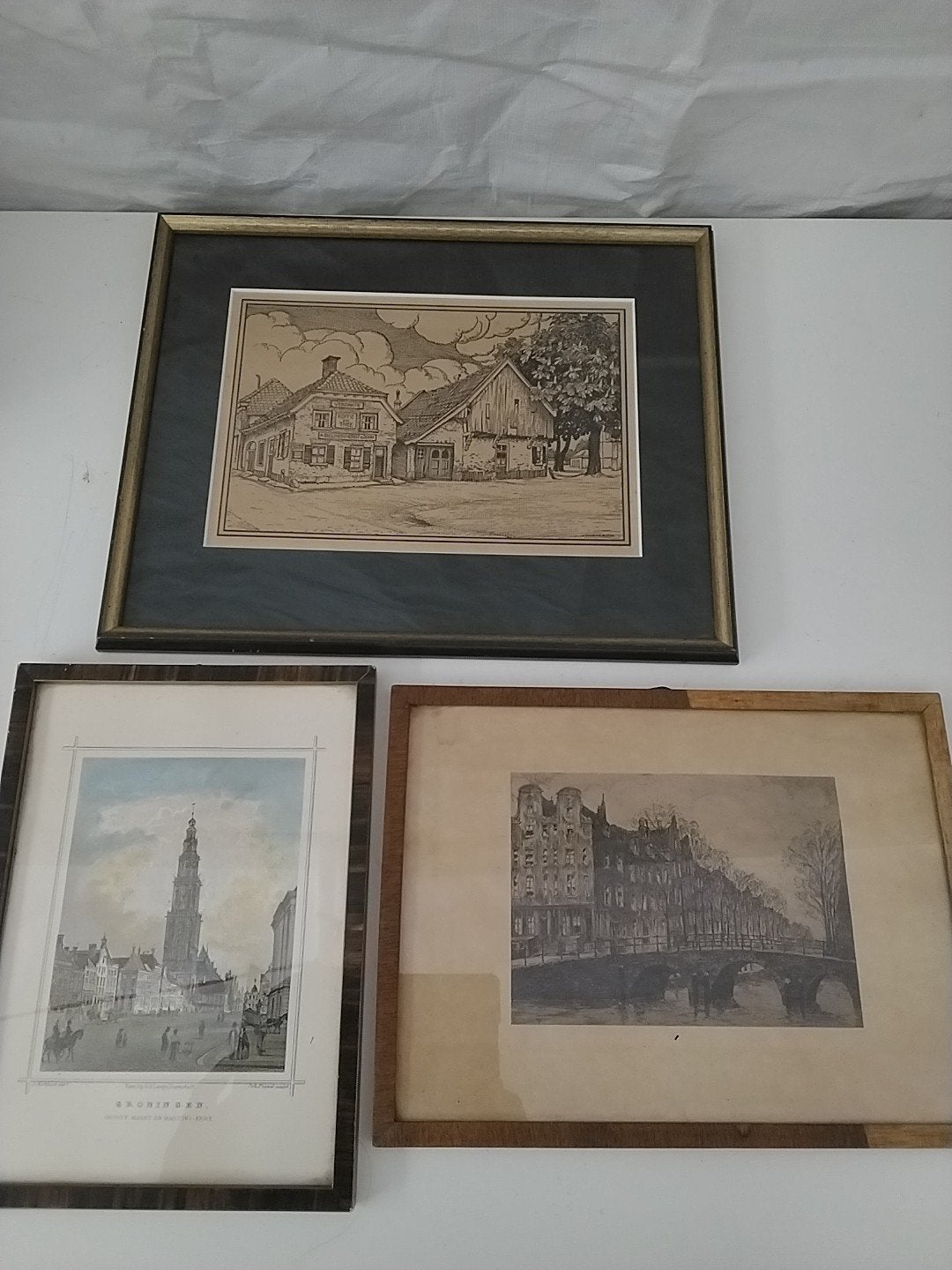 Set van 3 ingelijste prenten: Ets, Lithografie, Gravure, Antiek en Kunst, Ingelijst, 1800 - 1899, Ophalen of Verzenden, Overige technieken