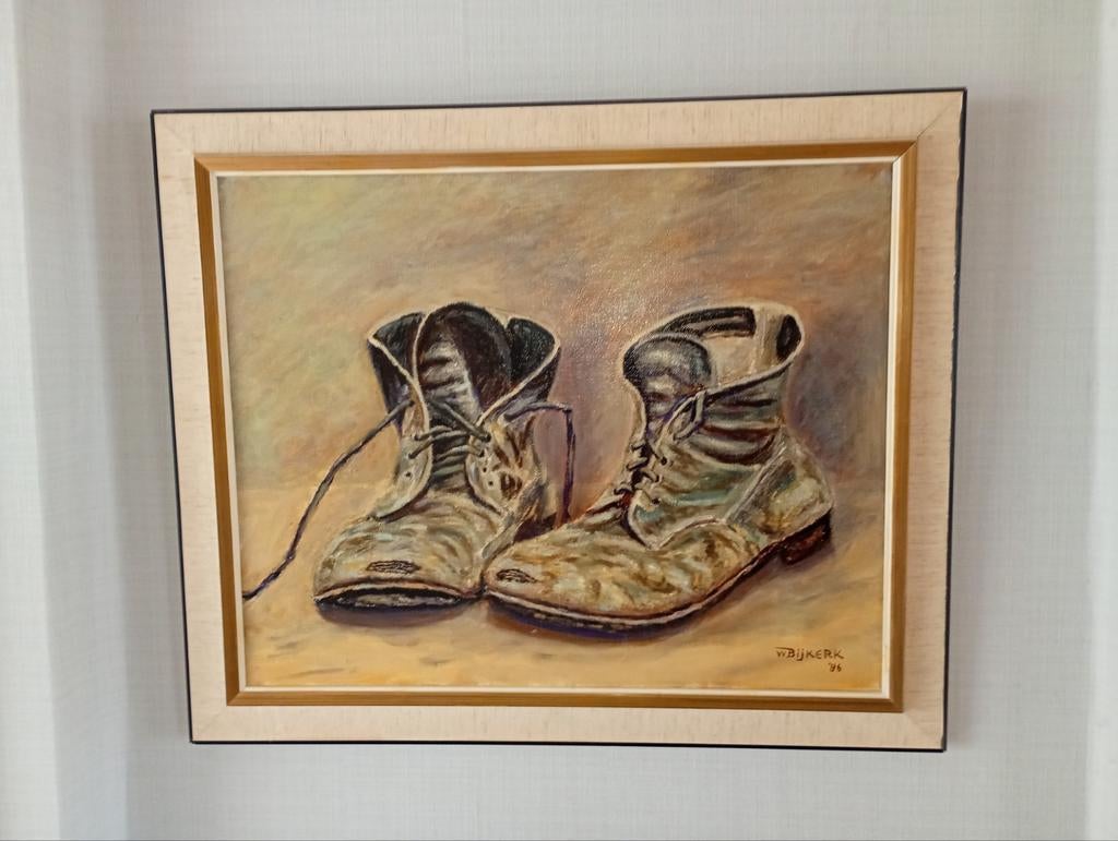 Schilderij 'Oude werkschoenen '- W. Bijkerk '86, Antiek en Kunst, Ophalen of Verzenden