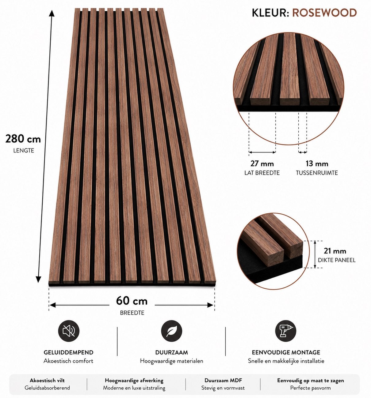 Akoestische wandpanelen 2800 x 60 cm - 27/13 mm - Rosewood, Meerkleurig, Nieuw, 290 cm, Overige typen
