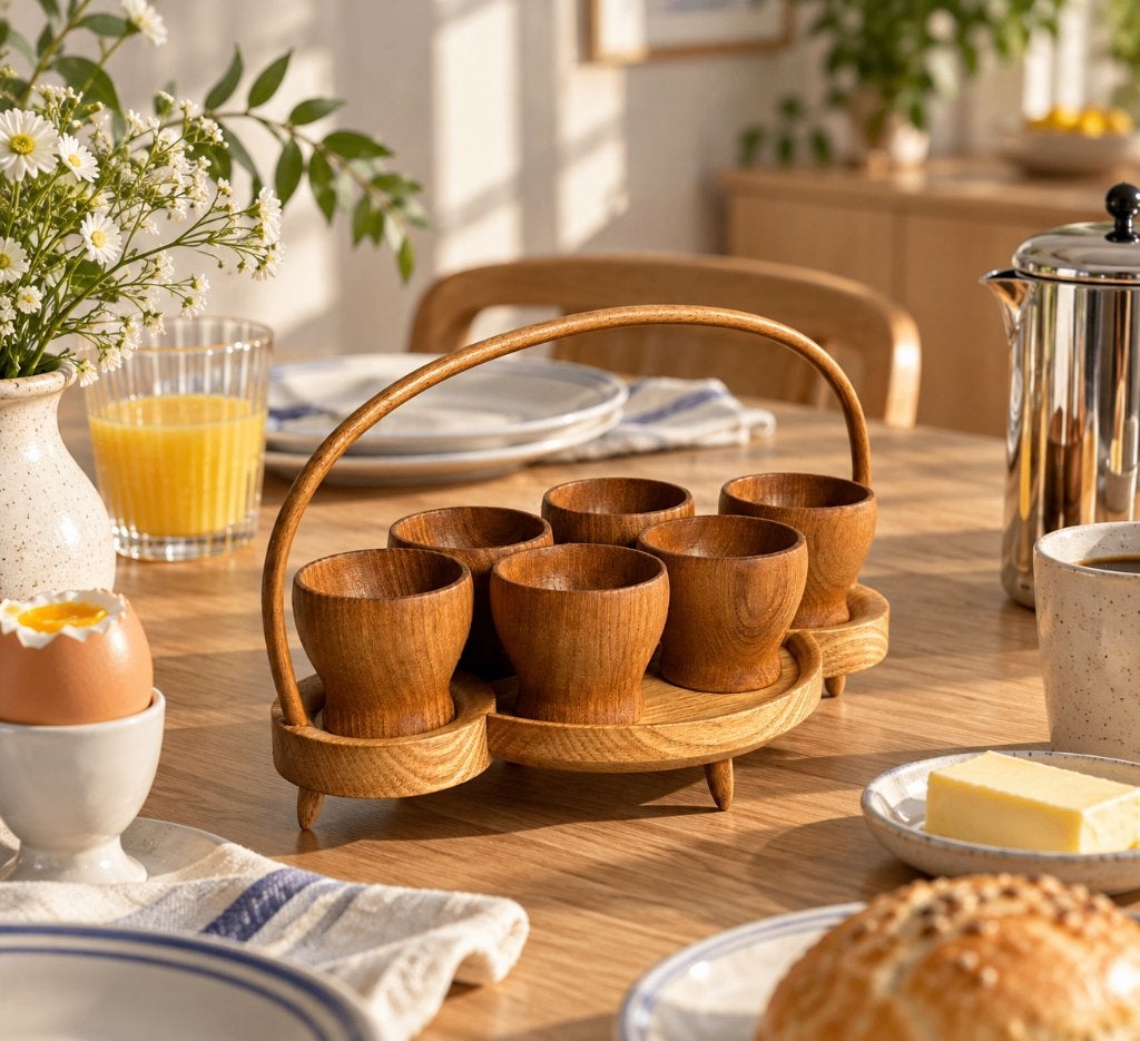 Vintage Scandinavische 6 houten eierdopjes set met houder, Overige typen, Vintage, Ophalen of Verzenden, Zo goed als nieuw