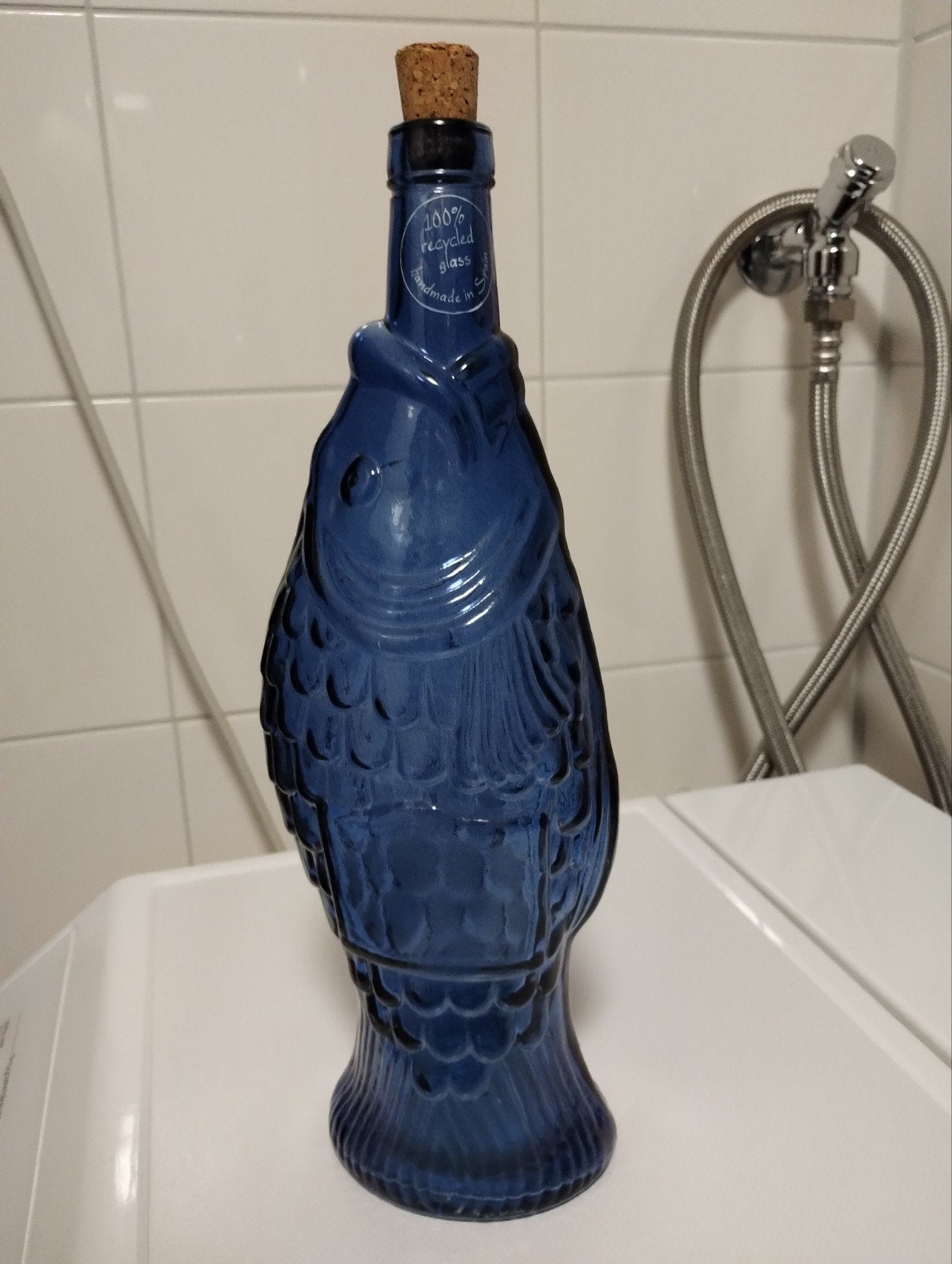 Spaans blauw glazen fles handgemaakt van gerecycled glas, Ophalen of Verzenden