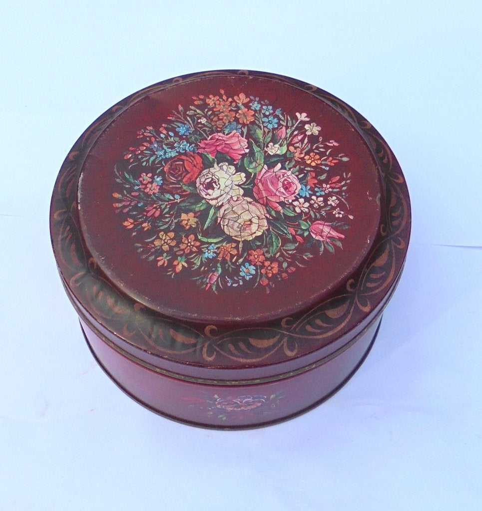 Vintage rood metalen bewaarblik MANSFIELD met rozenmotief., Ophalen of Verzenden, Gebruikt, Koek(jes), Overige merken