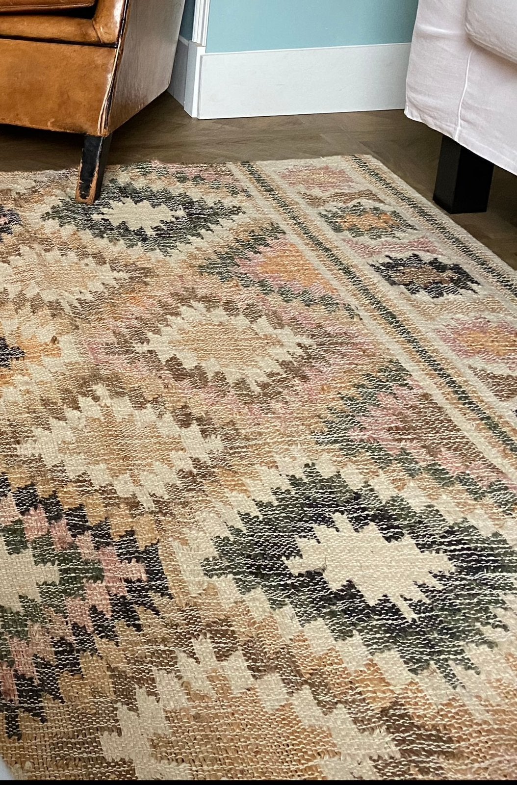 Prachtig kelim kleed, beige, roze, groen 200x300, Ophalen, Beige, 200 cm of meer, Zo goed als nieuw