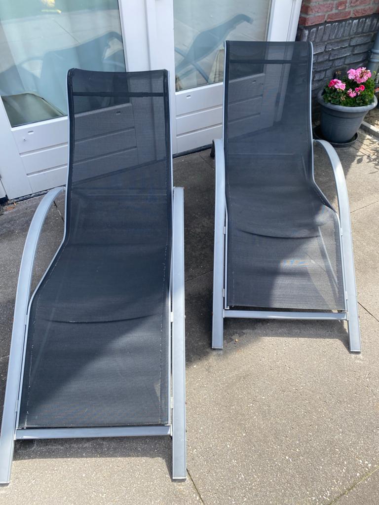 2x Ligbedden - Aluminium frame met textileen, Tuin en Terras, Ligbedden, Ophalen, Gebruikt, Aluminium, Verstelbaar