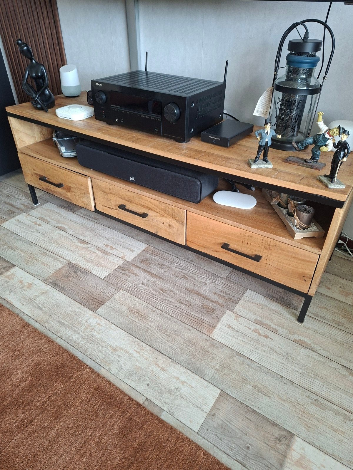 3 delige mango salontafel met mango stereokast, 100 tot 150 cm, Ophalen of Verzenden, Zo goed als nieuw, Industrieel