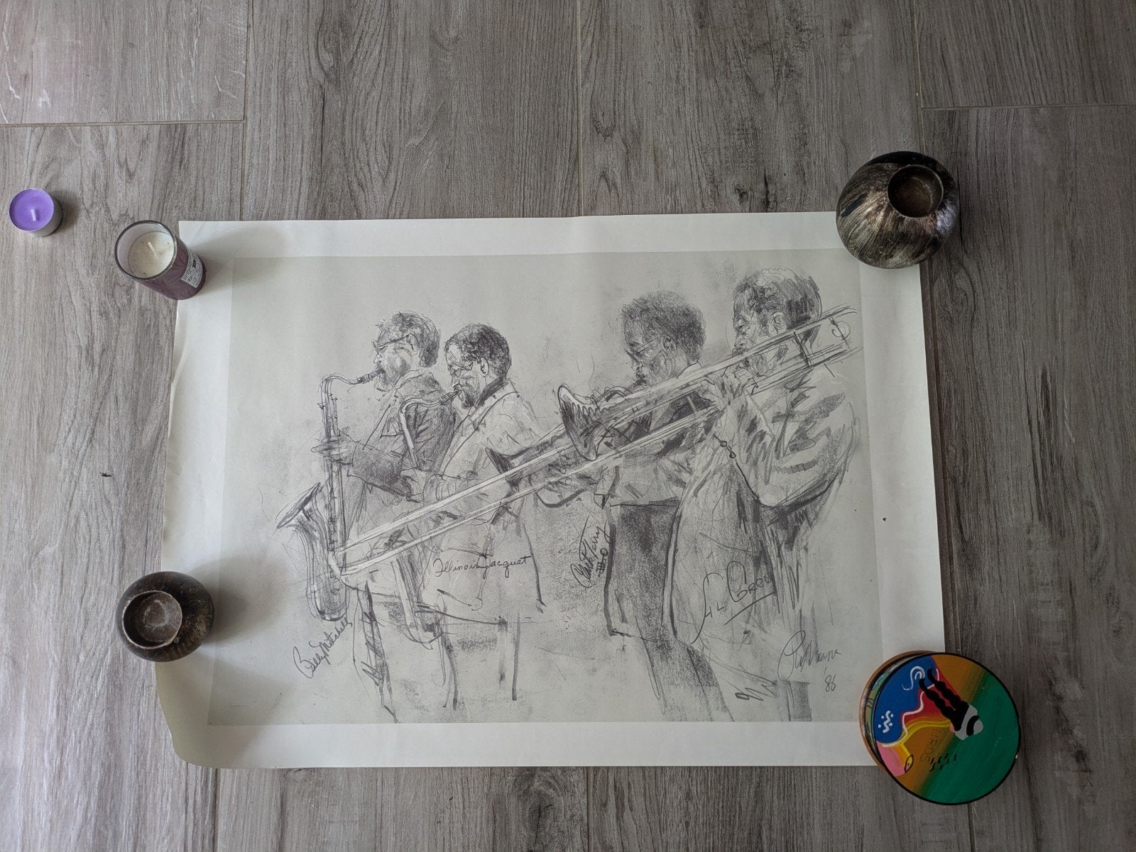Poster Jazzband tekening - Gesigneerd, Antiek en Kunst, Ophalen of Verzenden, Tekening, Potloodtekening, Gesigneerd