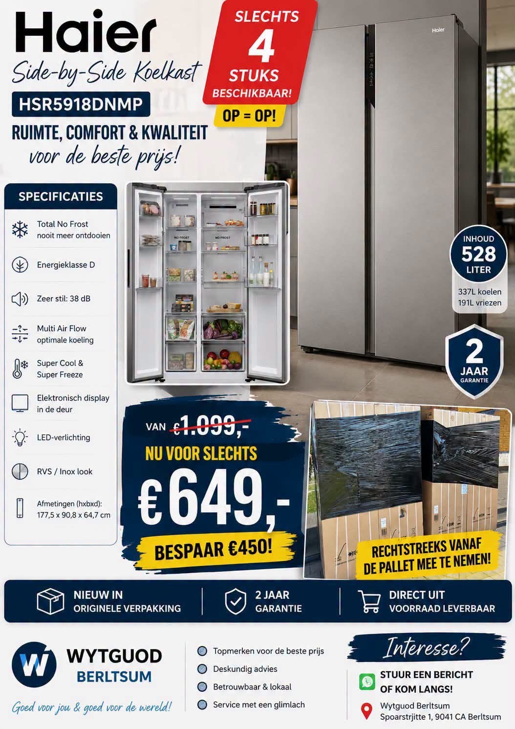 Haier Amerikaanse koelkast - van 1099 voot 649 euro nieuw, Ophalen, 60 cm of meer, Nieuw, 160 cm of meer