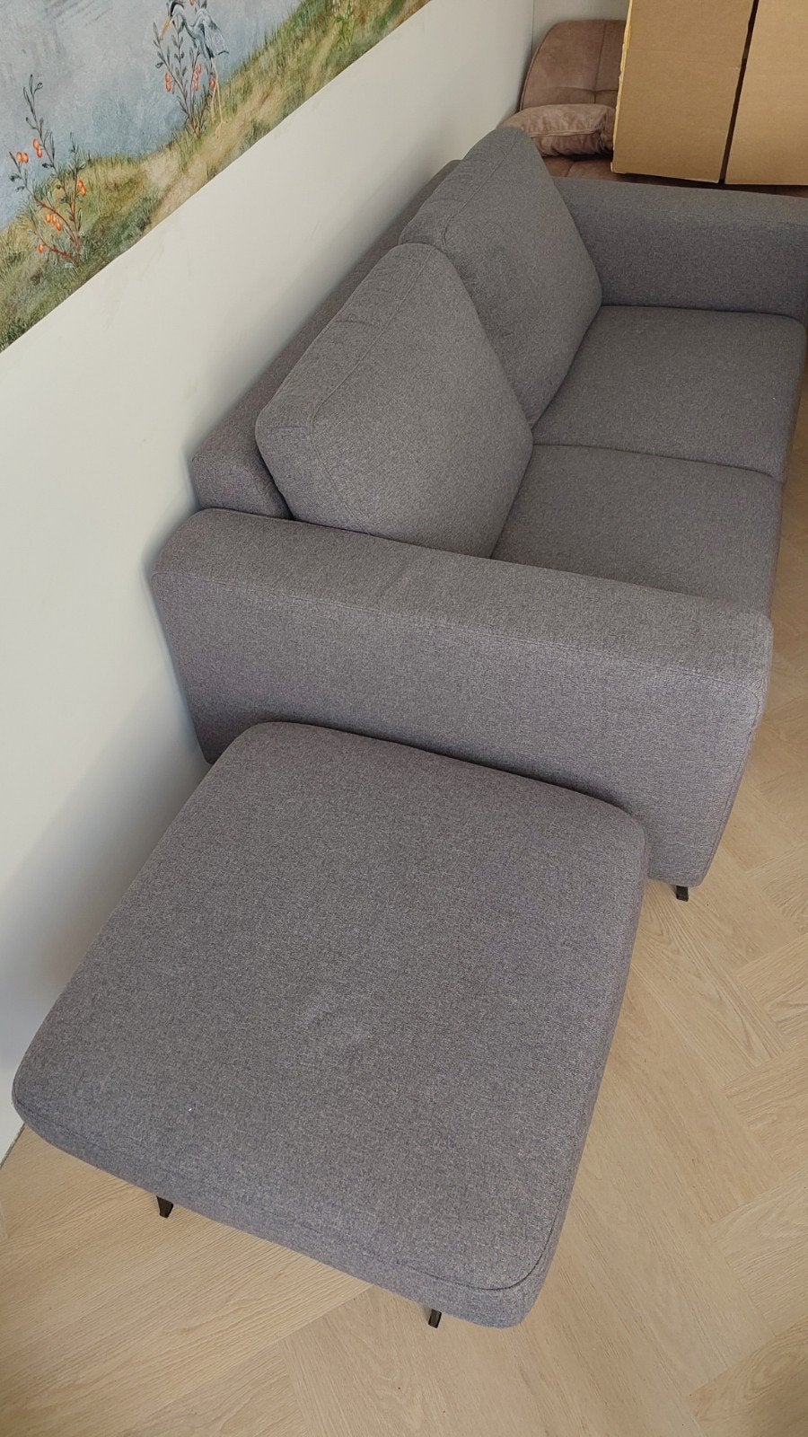 Grijze stoffen bank met poef & gratis stoel, Ophalen, Overige maten, 150 tot 200 cm, 75 tot 100 cm