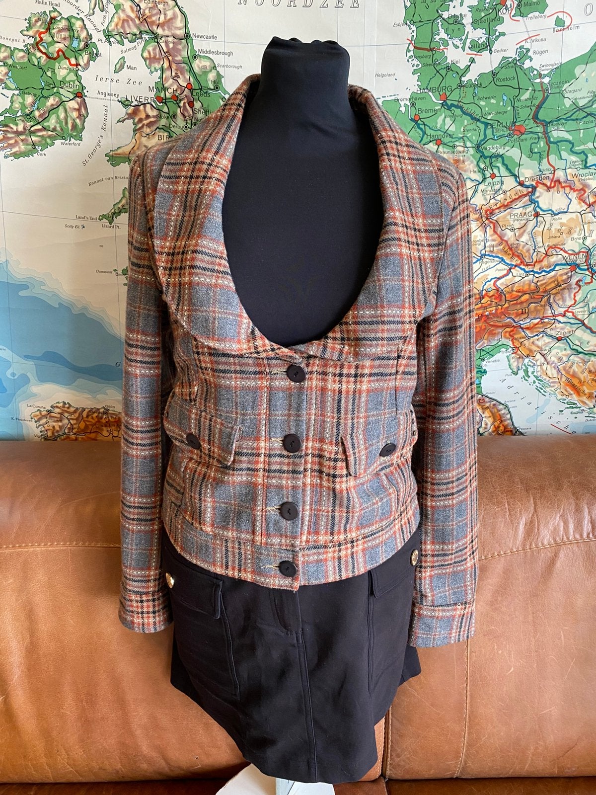 Unieke Wollen blazer in tartan ruit - maat S, Kleding | Dames, Ophalen of Verzenden, Zo goed als nieuw, Grijs