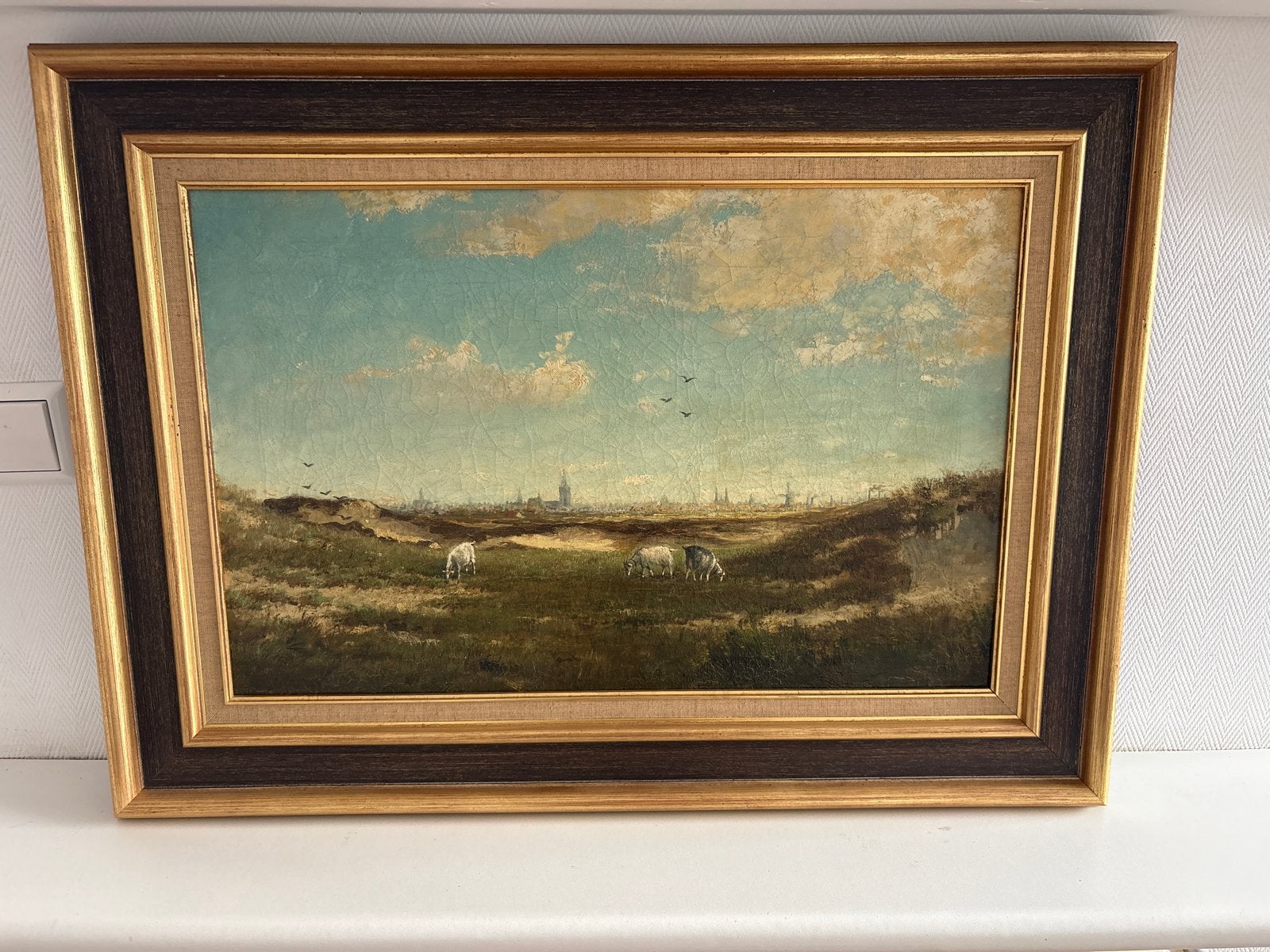 Klassiek Hollands Landschap met Schapen en Stadssilhouet, Ophalen, Doek, Landschap, Olieverf
