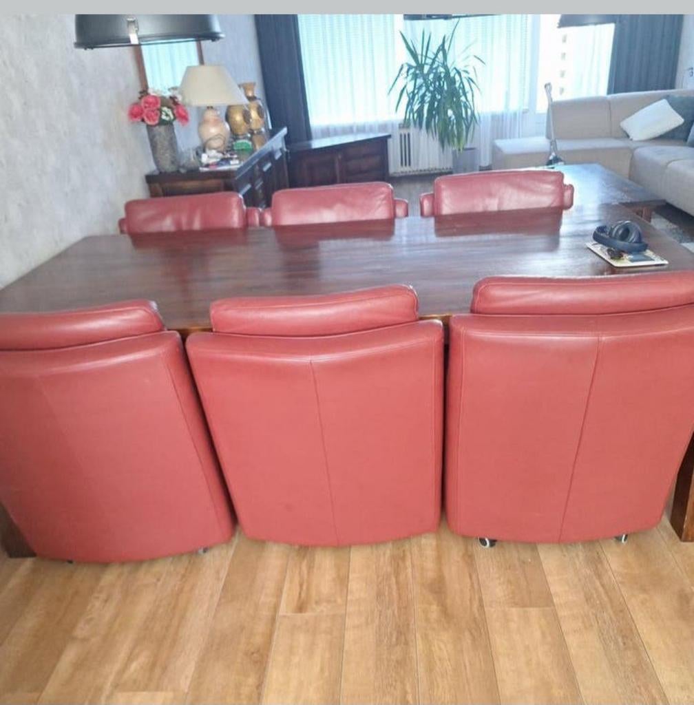 Set van 6 leren eetkamerstoelen - Rood, Huis en Inrichting, Stoelen, Ophalen, Gebruikt, Leer, Vijf, Zes of meer stoelen