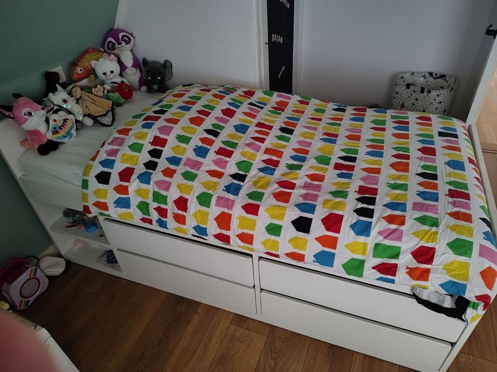 IKEA SLÄKT bed met lades (90x200) – veel opbergruimte – wit, Ophalen, 85 tot 100 cm, Zo goed als nieuw, Lattenbodem