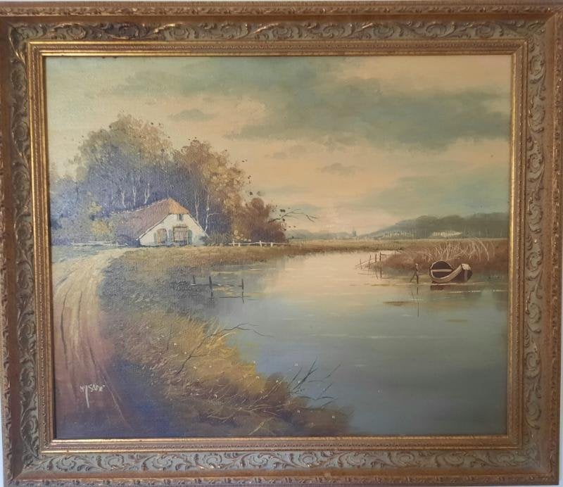 Olieverf schilderij op doek boerderij  N.J Sané,Nr 1, Antiek en Kunst, Ophalen, Origineel werk, Olieverf, Landschap