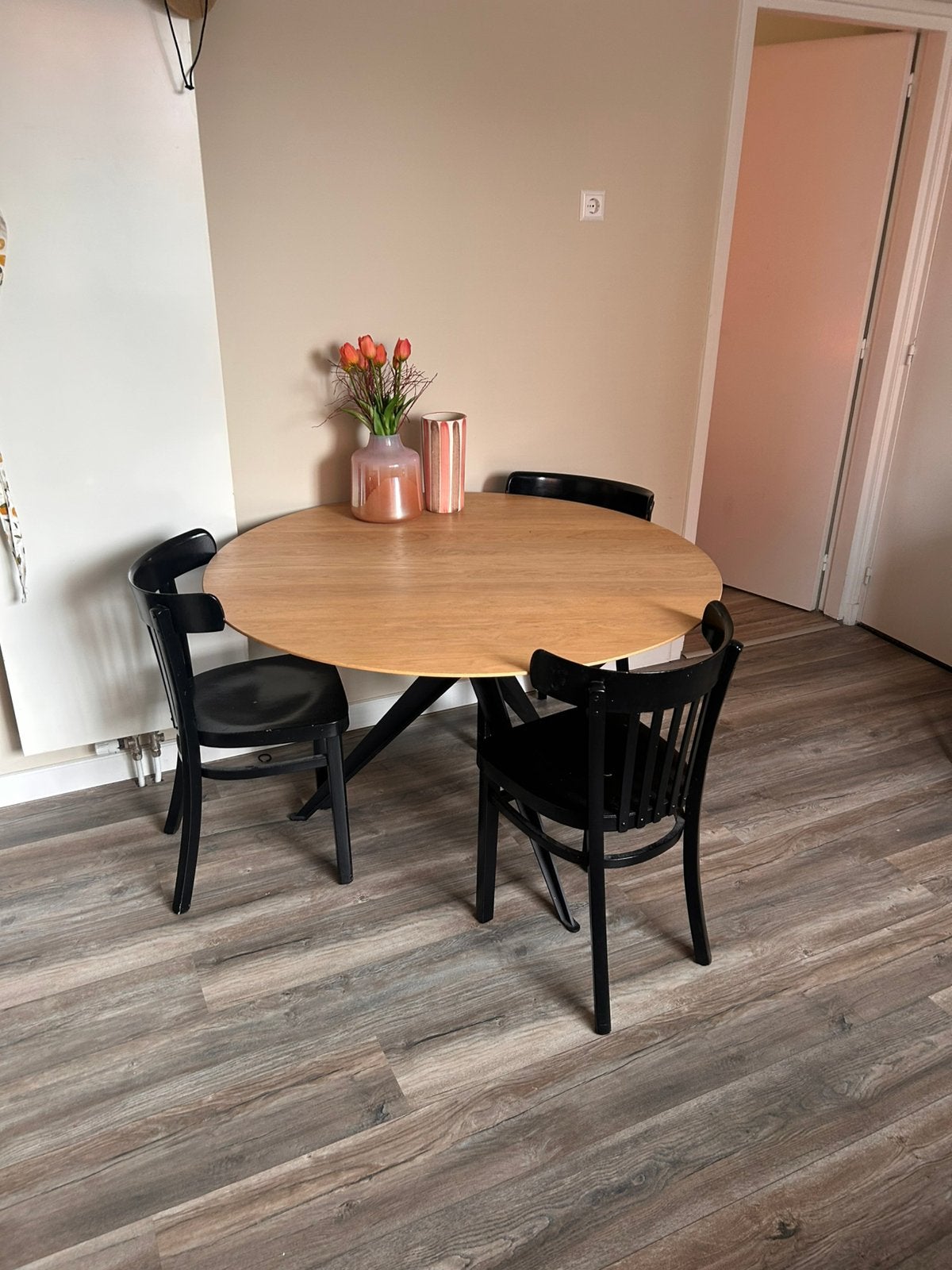 Goossens ronde eettafel eiken blank 120cm, Ophalen, 100 tot 150 cm, Rond, Zo goed als nieuw