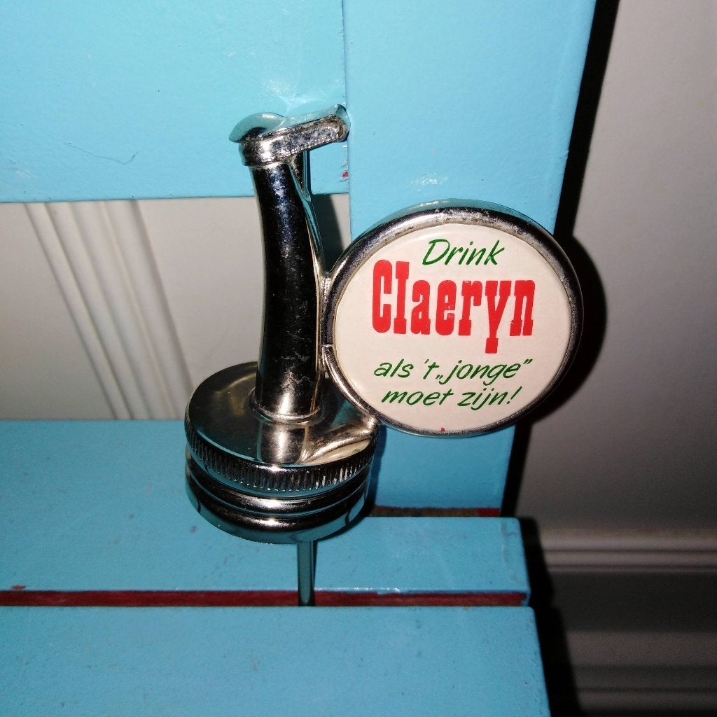 Vintage Claeryn jeneverfles schenkdop met reclamebordje., Ophalen, Gebruikt, Gebruiksvoorwerp
