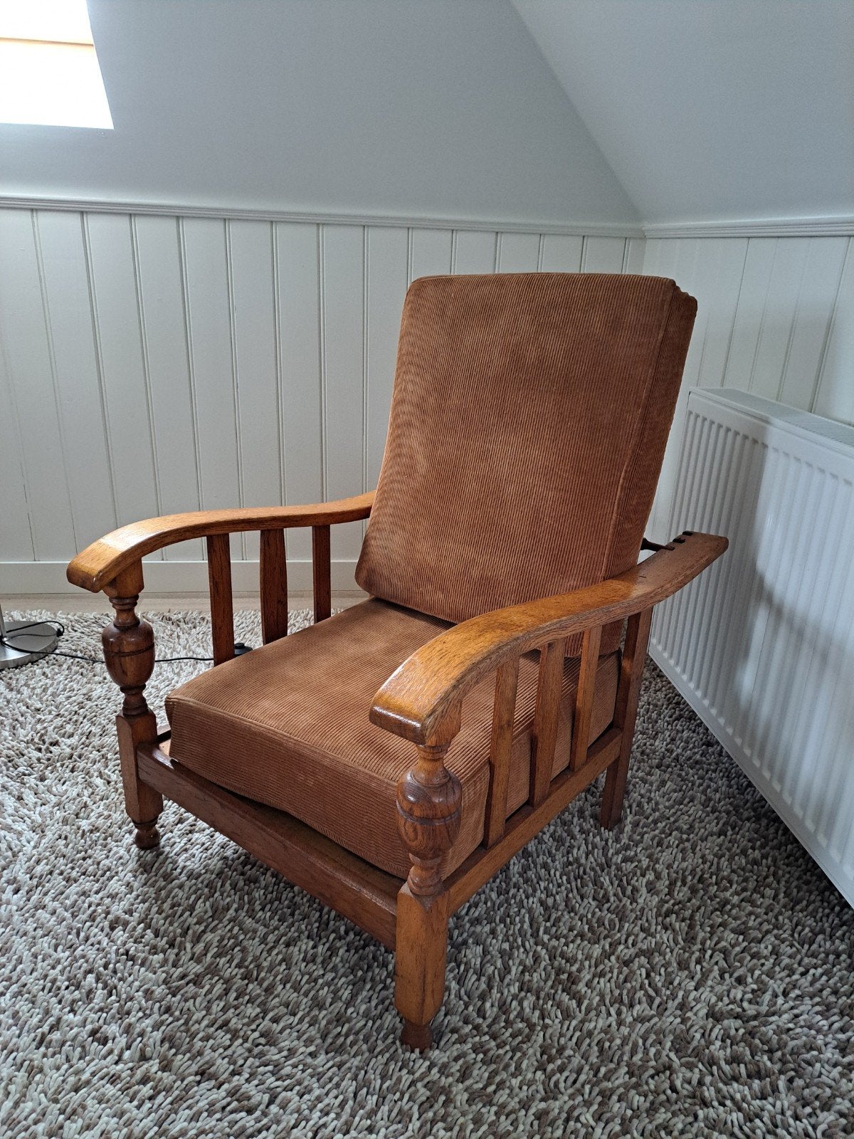 Vintage houten fauteuil met ribfluwelen kussens, Ophalen