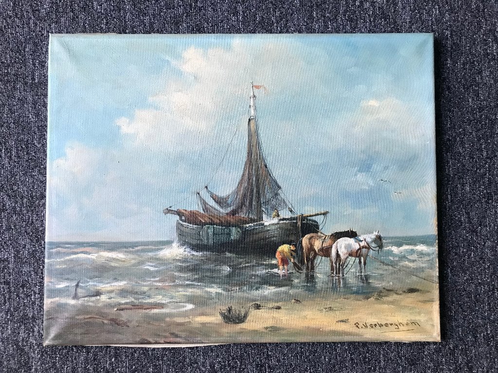 Schilderij P. Verberghem Bomschuit Zee Paarden Strand Schip, Nederlandse school, Doek, Ophalen of Verzenden, Olieverf