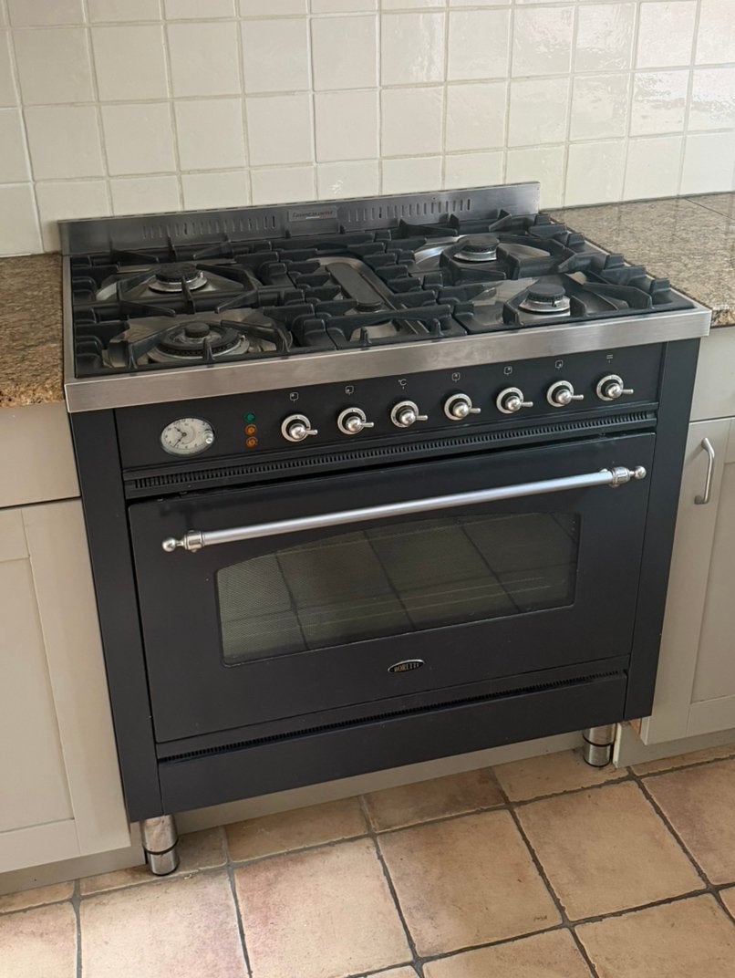 Boretti 90 cm Gasfornuis 5-pits – Zwart/RVS – Zeer mooi, Witgoed en Apparatuur, Fornuizen, Ophalen, Gebruikt, 60 cm of meer, Gas