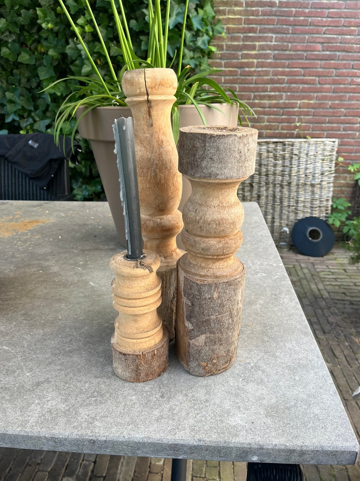 3 houten (boomstam) kaarsenstandaards, Bruin, Ophalen of Verzenden, Zo goed als nieuw, 40 cm