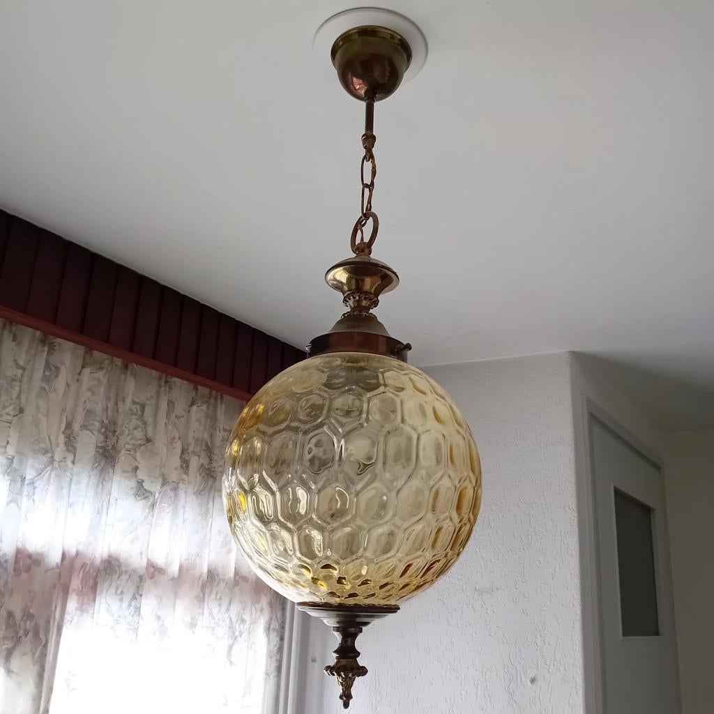 Vintage hanglamp met amberkleurig glas en koper, Ophalen, Zo goed als nieuw, Glas