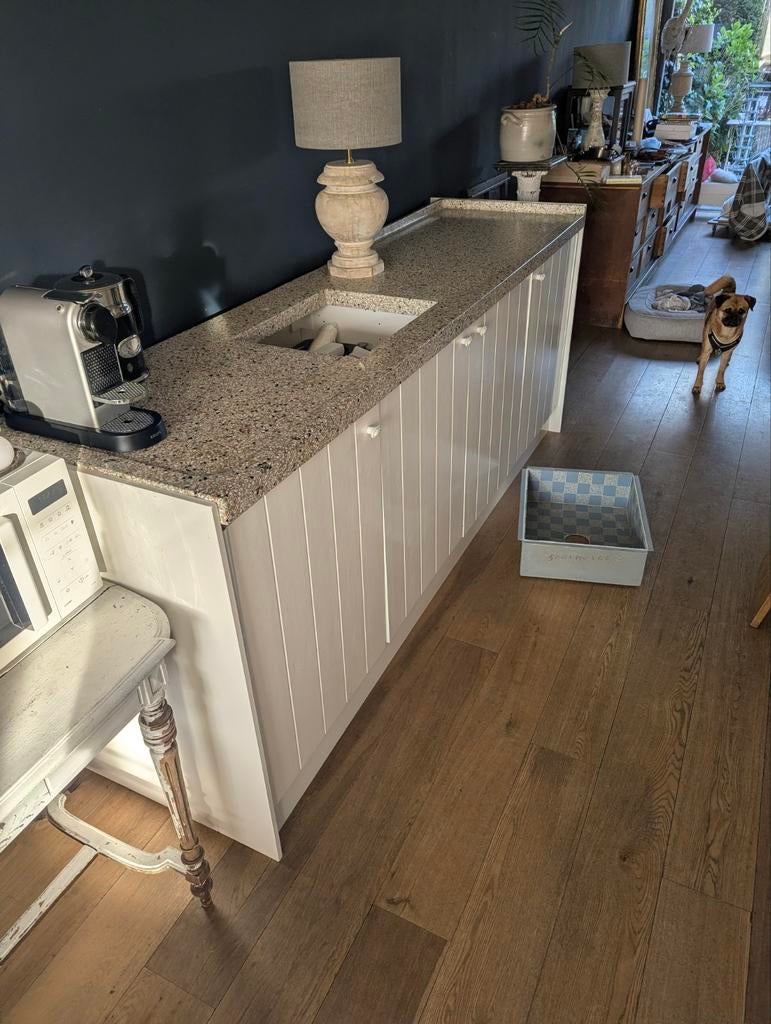 Terrazzo aanrechtblad met onderkast + nostalgische gootsteen, Gebruikt, Ophalen of Verzenden, 200 cm of meer, Minder dan 100 cm