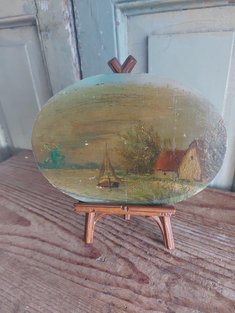 Antiek Ovaal Miniatuur Schilderijtje - Hollands Landschap, Ophalen of Verzenden