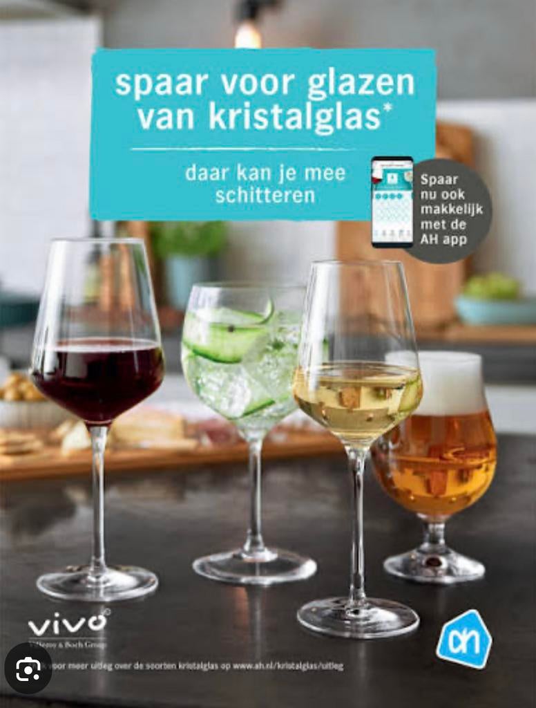 Vivo glazen AH ( kristalglas), wijnglas, champagneglas,karaf, Glas of Glazen, Nieuw, Ophalen of Verzenden, Glas