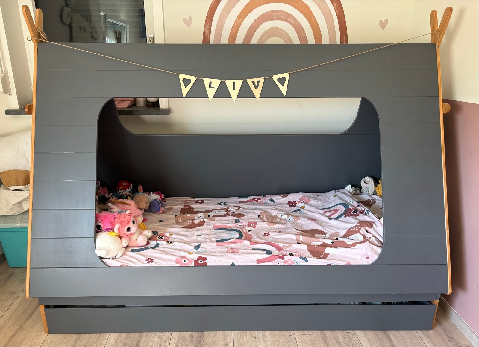 Tipi Bed voor Kinderen - Grijs met Houten Frame, Gebruikt, 100 cm of meer, 180 cm of meer, Ophalen