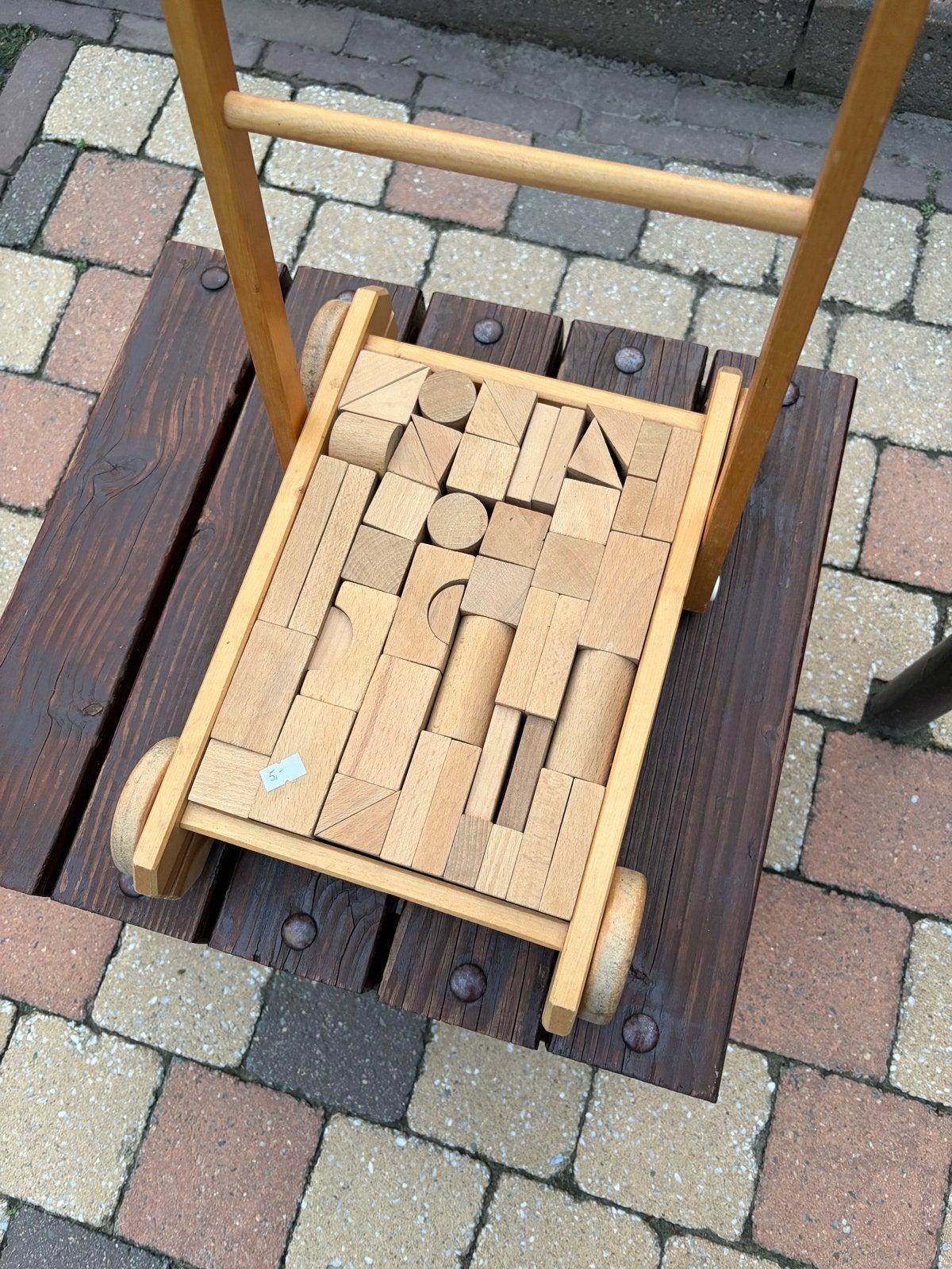 Houten loopwagen met bouwblokken, Ophalen of Verzenden, Gebruikt, Overige merken