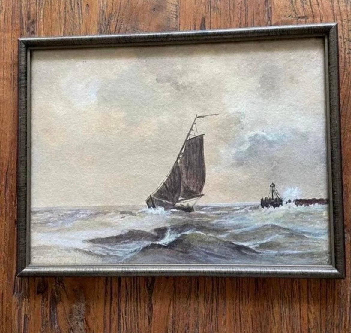 Maritiem schilderij: Zeilschip op woelige zee, Antiek en Kunst, Maritiem / water, Ophalen of Verzenden, Papier, Ingelijst