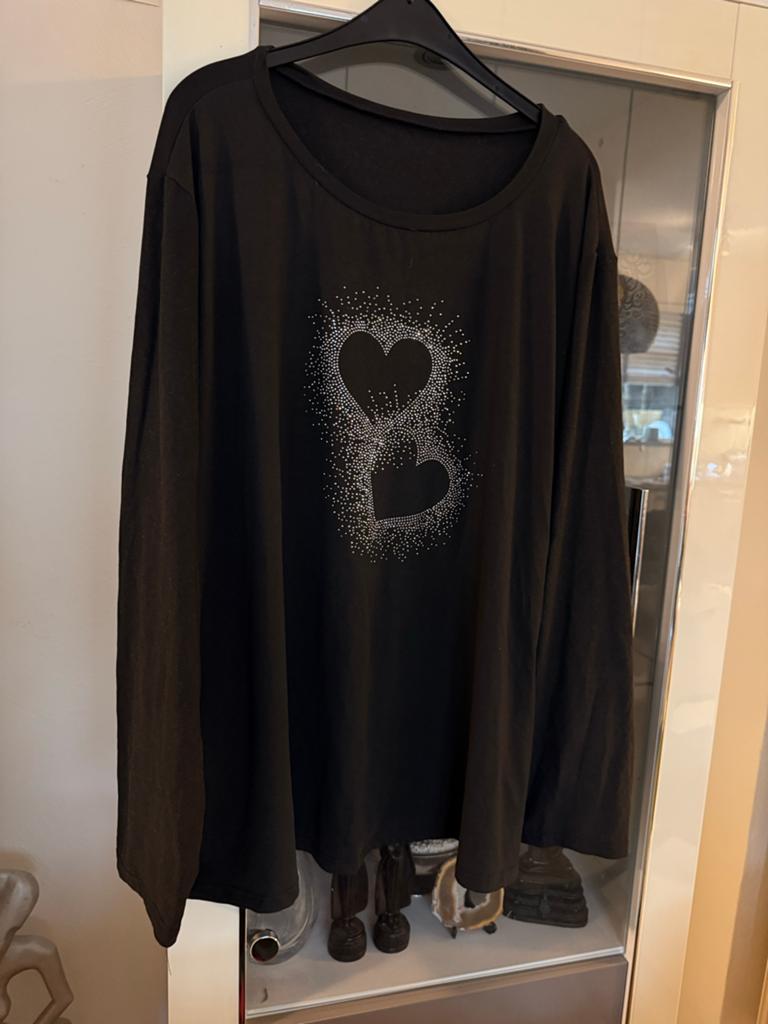 Zwart shirt met strass hartjes - Maat 50/52, Kleding | Dames, Ophalen of Verzenden, Zo goed als nieuw, Zwart, Shirt of Top