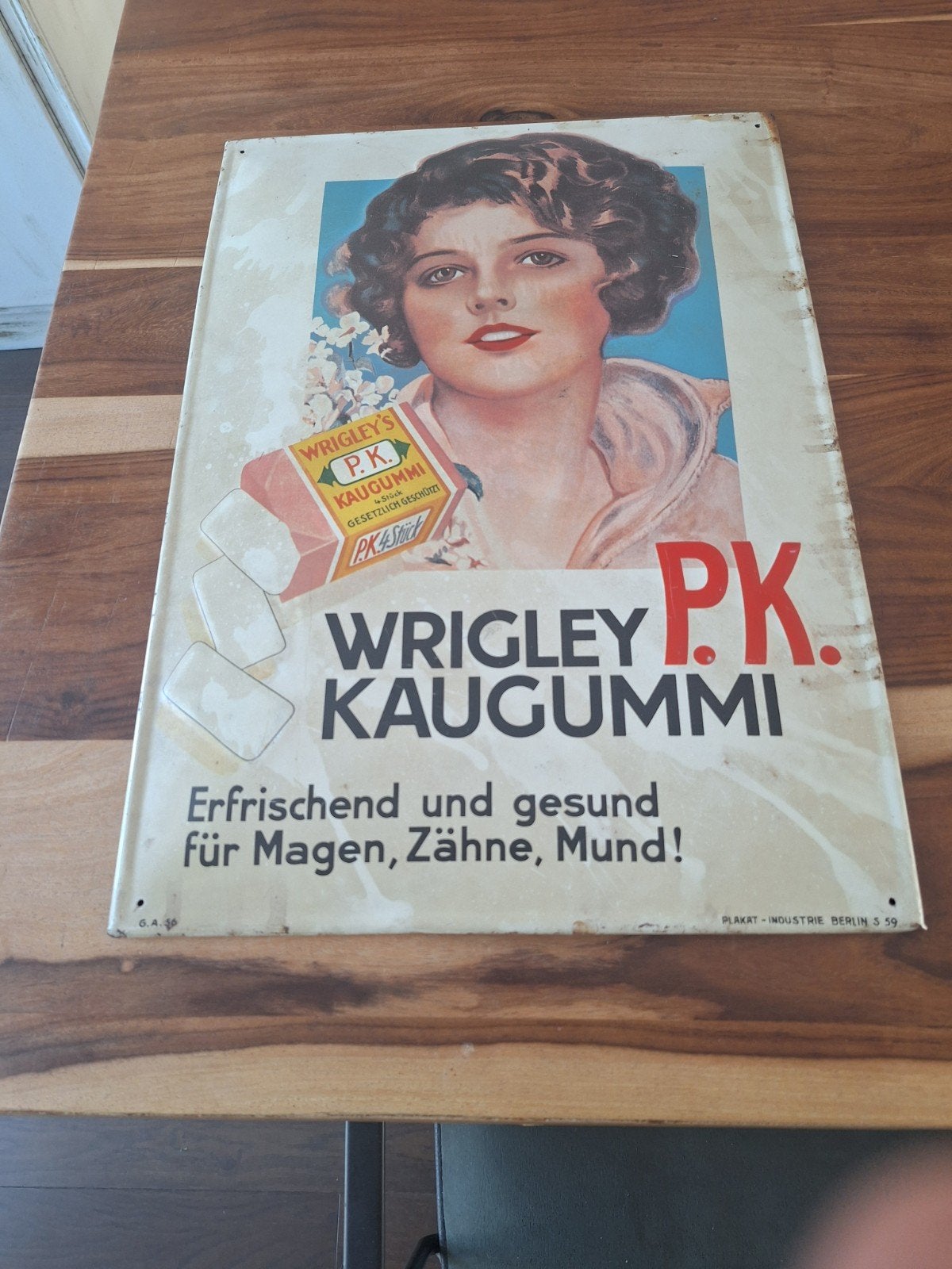 Vintage Wrigley's PK Kaugummi Reclamebord, Ophalen of Verzenden, Gebruikt, Reclamebord