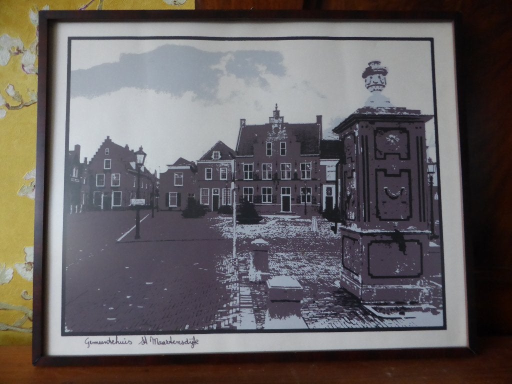 Ingelijste vintage print Sint-Maartensdijk Tholen Zeeland, Ophalen, Minder dan 50 cm, Gebruikt, Print