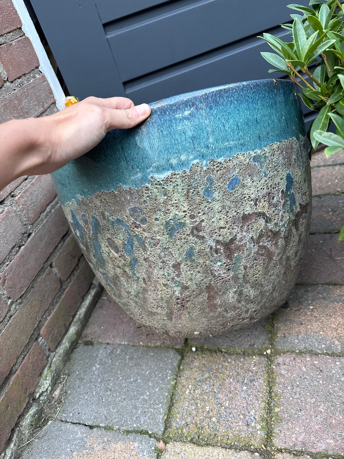 Set van 3 turquoise/bruine aardewerk potten 30cm-25cm-20cm, Tuin en Terras, Ophalen, Gebruikt, 40 cm of meer, Rond