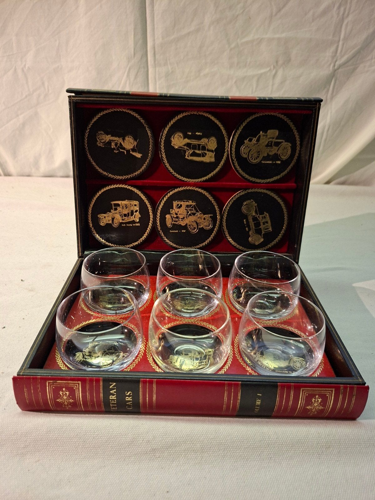 Vintage Whiskey Glazen Set met Onderzetters - Veteran Cars, Ophalen of Verzenden