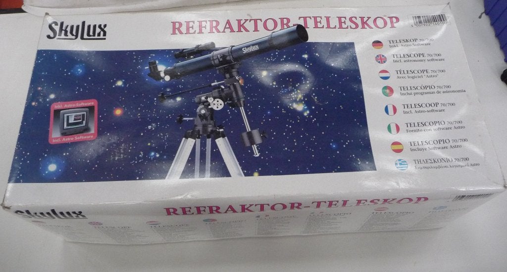 refractor telescoop Skylux in doos met gebruiksaanwijzing, Ophalen, Gebruikt, Lenzentelescoop (refractor), Met statief