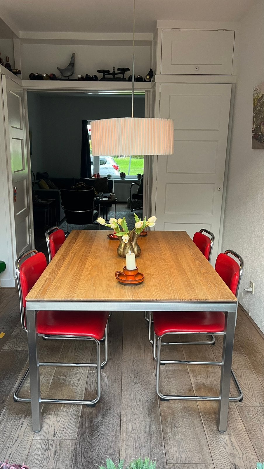 Houten tafel met rvs onderstel, Ophalen, Gebruikt, Eikenhout, 50 tot 100 cm