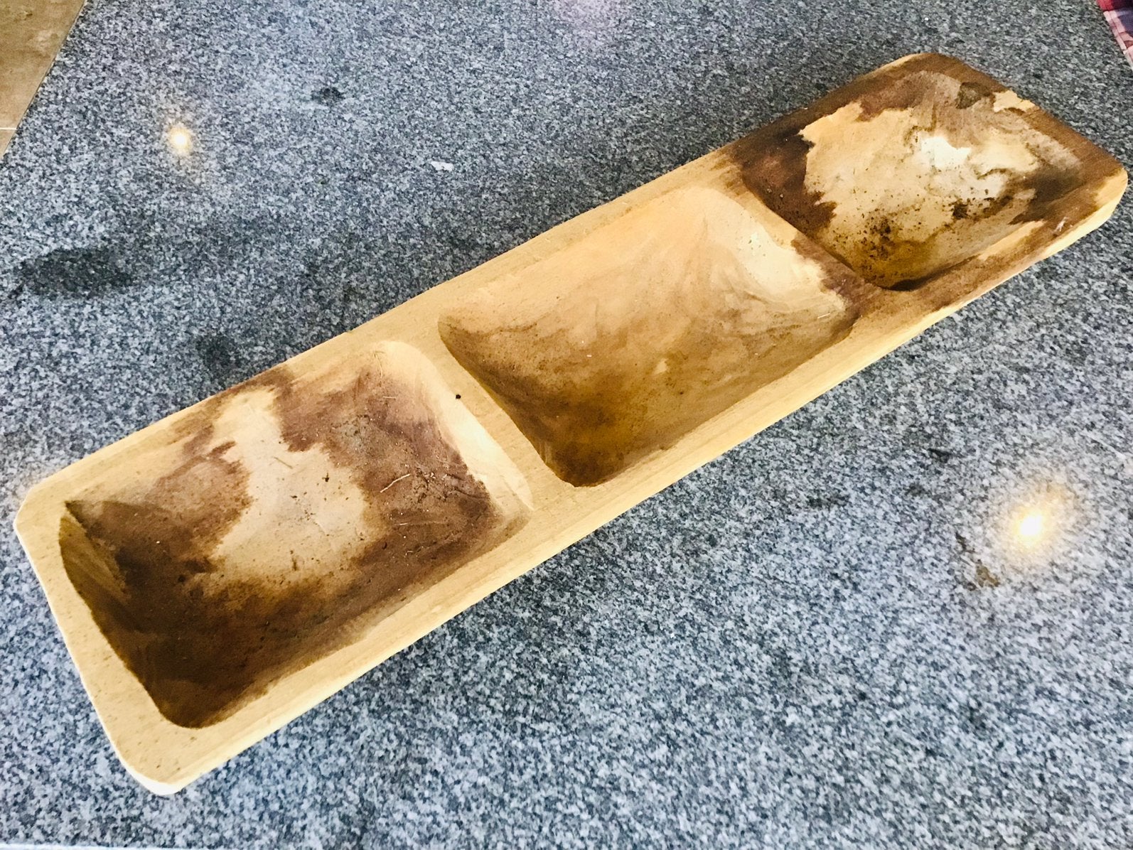 Houten schaal met drie vakken, 70cm x 19,5cm x 6cm, Ophalen of Verzenden, Gebruikt, Rechthoekig, Hout