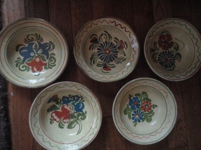5 zéér oude ANTIEKE BORDEN, verschillende BLOEMEN decoratie, Ophalen of Verzenden