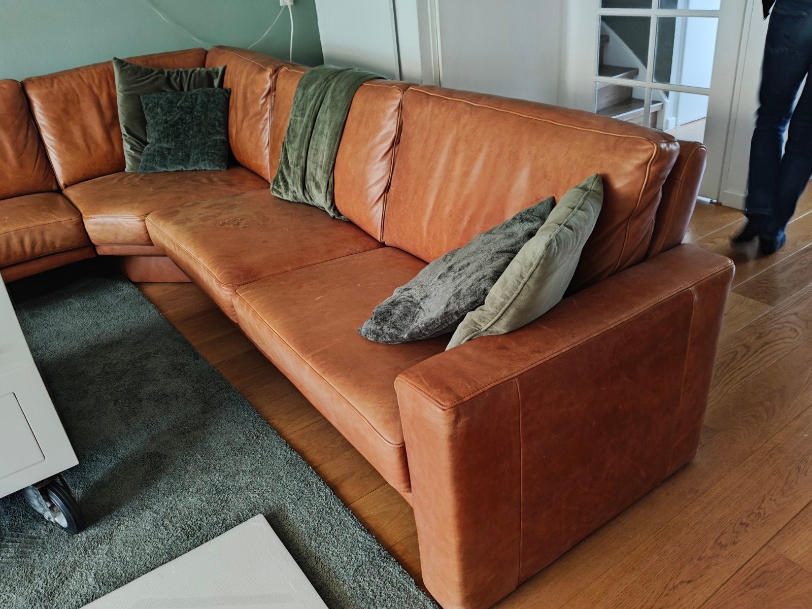 Lederen hoekbank en 6 zelfde lederen stoelen camel kleur, Ophalen, Gebruikt, Leer