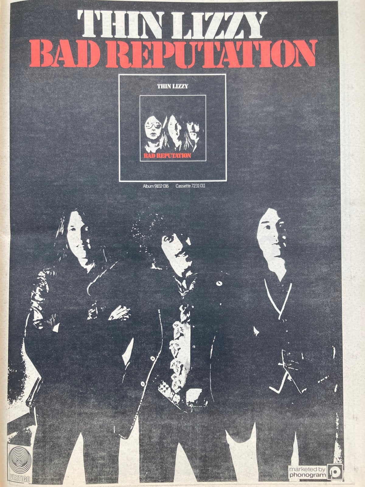 Paginagrote A3 advertentie THIN LIZZY Bad Reputation release, Ophalen of Verzenden, Gebruikt