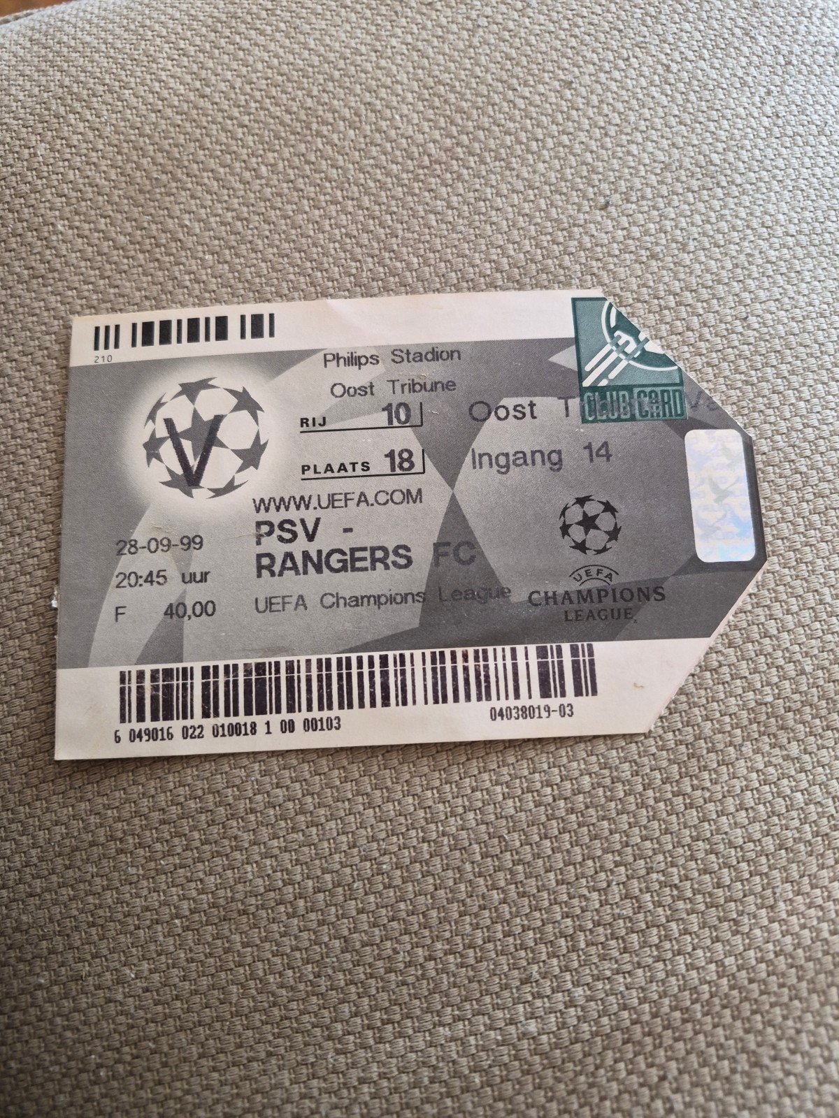 Ticket PSV - Rangers, Ophalen of Verzenden, Gebruikt