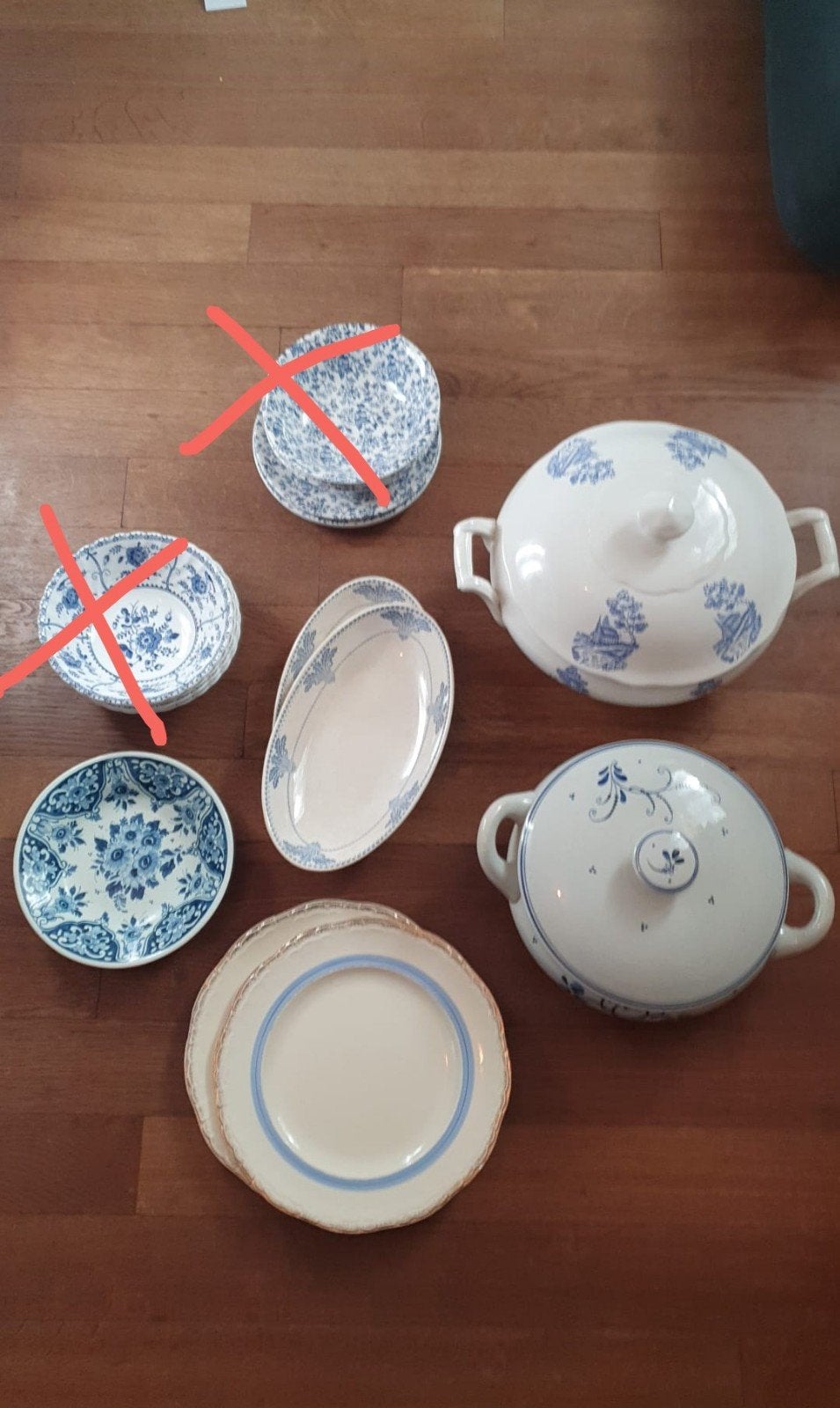 Blauw-wit vintage servies – 17 delen, terrines en schalen, Antiek en Kunst, Ophalen of Verzenden