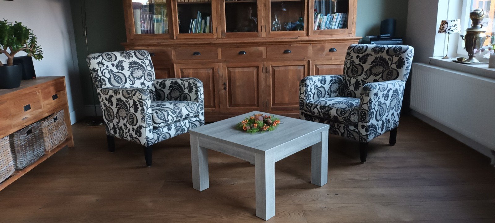 Salontafel in lichtgrijs houtlook, Ophalen, Gebruikt, 50 tot 100 cm, Vierkant