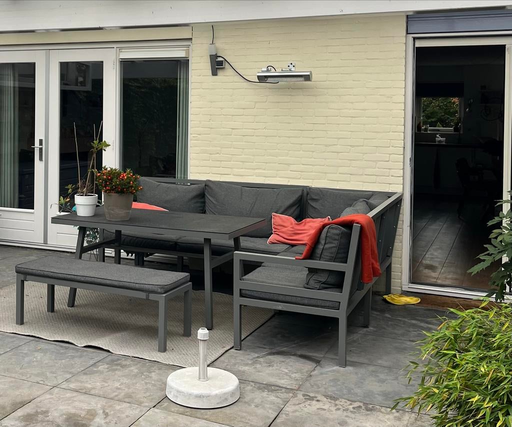 Moderne aluminium loungeset met eettafel en bank, Tuin en Terras, Overkappingen, Ophalen of Verzenden, Zo goed als nieuw, Veranda