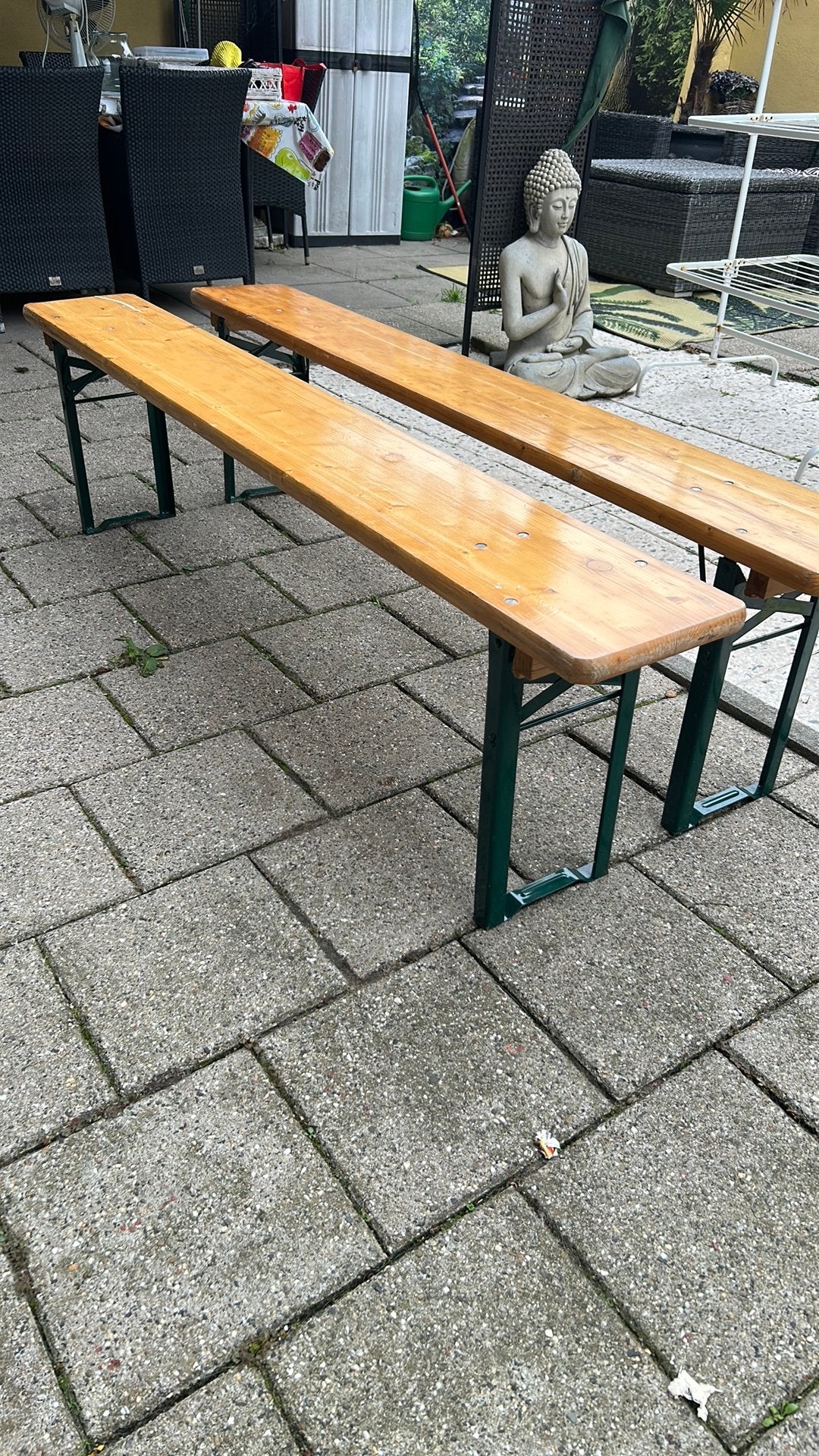 Houten bankje inklapbaar metalen poten 180x25x47 cm €50pst, Ophalen, Zo goed als nieuw, Inklapbaar, Rechthoekig