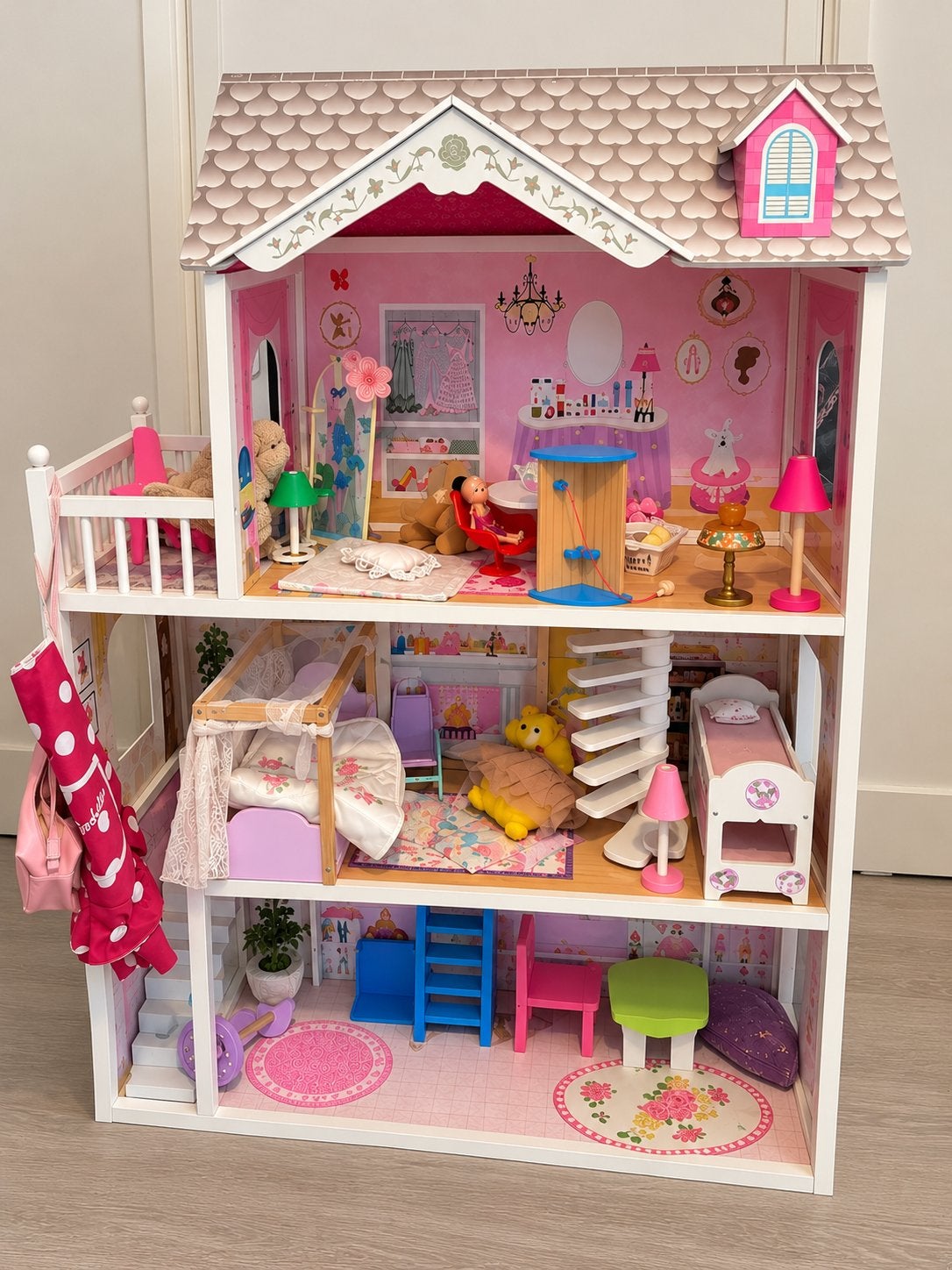 Groot kidkraft en compleet houten poppenhuis met meubels, Ophalen, Zo goed als nieuw, Poppenhuis