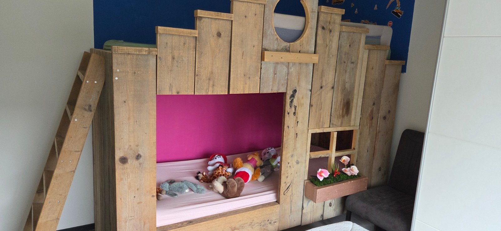 Uniek handgemaakt stapelbed van steigerhout, Ophalen, 90 cm, Tweepersoons, Zo goed als nieuw