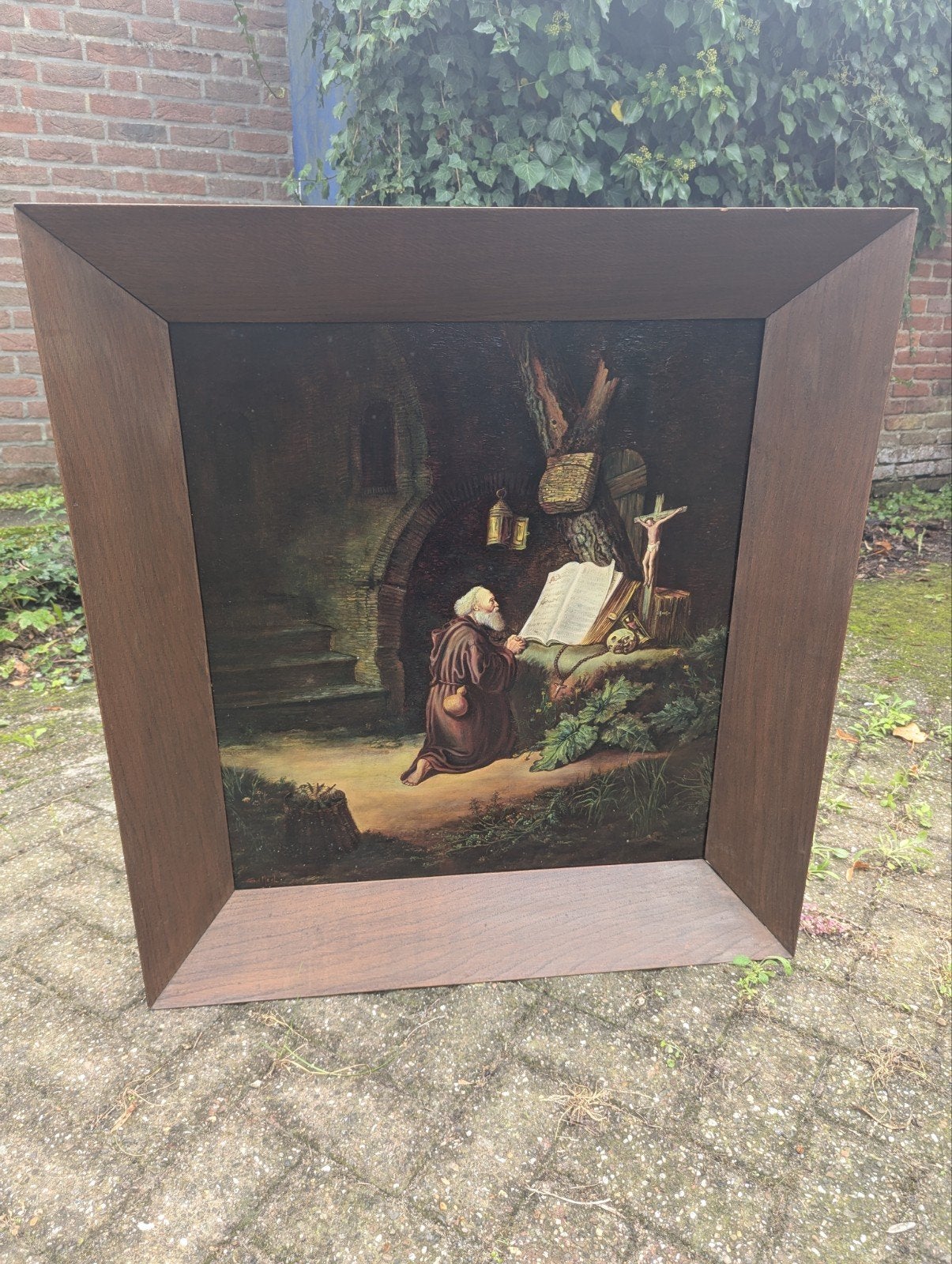 Olieverfschilderij monnik op paneel - 83x90 cm, Ophalen, Olieverf, Portret of Personen, Paneel